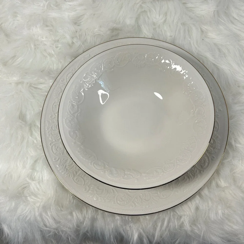 Farberware Calais Dinnerware Set Bowl & Plate White Gold 22K Band‎ Oven Safe